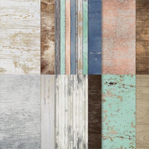 May include: A collection of diverse wood textures, featuring distressed white, brown, and blue planks. The image displays a range of wood grain patterns and colours, ideal for backgrounds or design elements. The layout includes both vertical and horizontal wood panels.