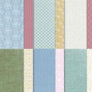 May include: A collection of 10 different patterned fabric swatches in various shades of blue, green, pink, and beige. The swatches are arranged in a grid pattern.