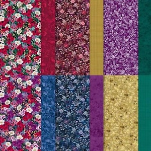 May include: A patchwork of fabric swatches featuring floral and solid patterns in various colors. The color palette includes red, burgundy, purple, blue, gold, and green. The floral patterns have white and cream-colored flowers.