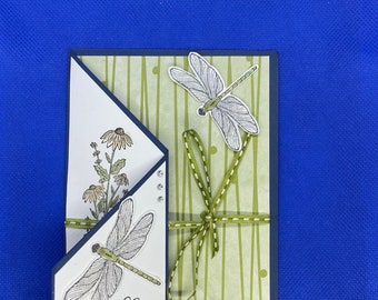 Green and Navy Dragonfly Fun Fold Any Occasion Card | Birthday Card | Blank Card