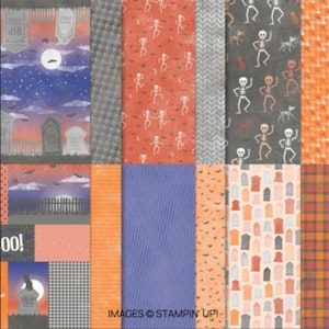 May include: A set of 12 patterned scrapbook papers featuring Halloween themes. The patterns include skeletons dancing, tombstones, bats, and a moon. The papers are in shades of orange, gray, blue, and white.