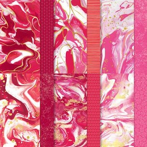 May include: A collection of patterned paper sheets in shades of red and pink, with gold accents. The designs include marble swirls, solid stripes, and floral patterns. The paper is suitable for scrapbooking, card making, and other craft projects.