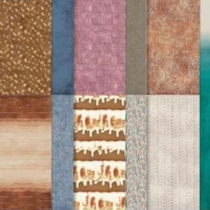 May include: A collage of various textured fabric swatches. The swatches include brown herringbone, blue denim, pink woven, and a light brown textured fabric. Other swatches include a light brown wood grain, a blue denim, a cake-like pattern, and a white woven fabric.
