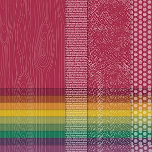 May include: A colorful scrapbook paper design featuring various textures and patterns. The design includes a wood grain pattern, a textured fabric, and a polka dot pattern. A rainbow gradient of colors is also present.