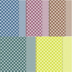 Puede incluir: Una colección de diez patrones de papel digital con varios diseños de cuadros vichy en diferentes colores, incluyendo azul, verde, rosa, marrón y amarillo.