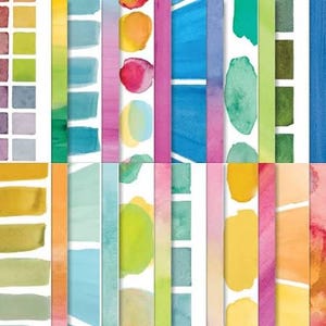 May include: A colorful watercolor paper pack featuring various abstract designs. The designs include rectangular and circular shapes in shades of purple, green, blue, pink, yellow, and orange. The paper has a textured appearance, suitable for art projects.