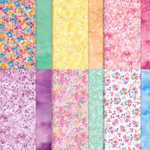 May include: A selection of fabric samples showcasing diverse floral and abstract designs. The colour scheme includes pinks, yellows, blues, and purples. Some samples have a speckled or glittery look, while others display watercolour-like effects.