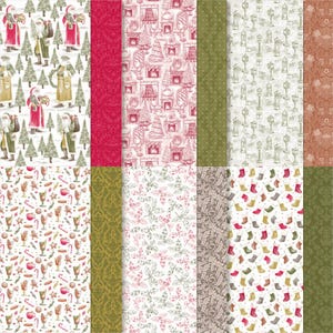 Peut inclure: Une collection de feuilles de papier à motifs avec divers motifs sur le thème de Noël. Les motifs comprennent des figures de Père Noël, des arbres de Noël, des ornements festifs et des motifs de vacances en rouge, vert et blanc. Idéal pour le scrapbooking et les projets d'artisanat.