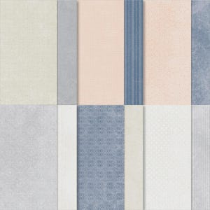 May include: A collection of patterned paper sheets in various colors and textures. The color palette includes soft pink, blue, gray, and cream. Some sheets feature floral or geometric patterns, while others have solid or striped designs.