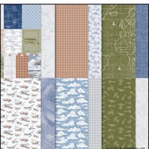 May include: A selection of patterned paper sheets with diverse designs. Features blue, brown, and green patterns with airplanes, clouds, maps, and plaid. Some sheets have a textured appearance, others feature tags.