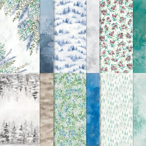 May include: A collection of watercolor paper sheets featuring various nature-inspired designs. The patterns include winter scenes with snow-covered trees, floral arrangements with berries, and abstract watercolor washes in shades of blue, green, and gray.