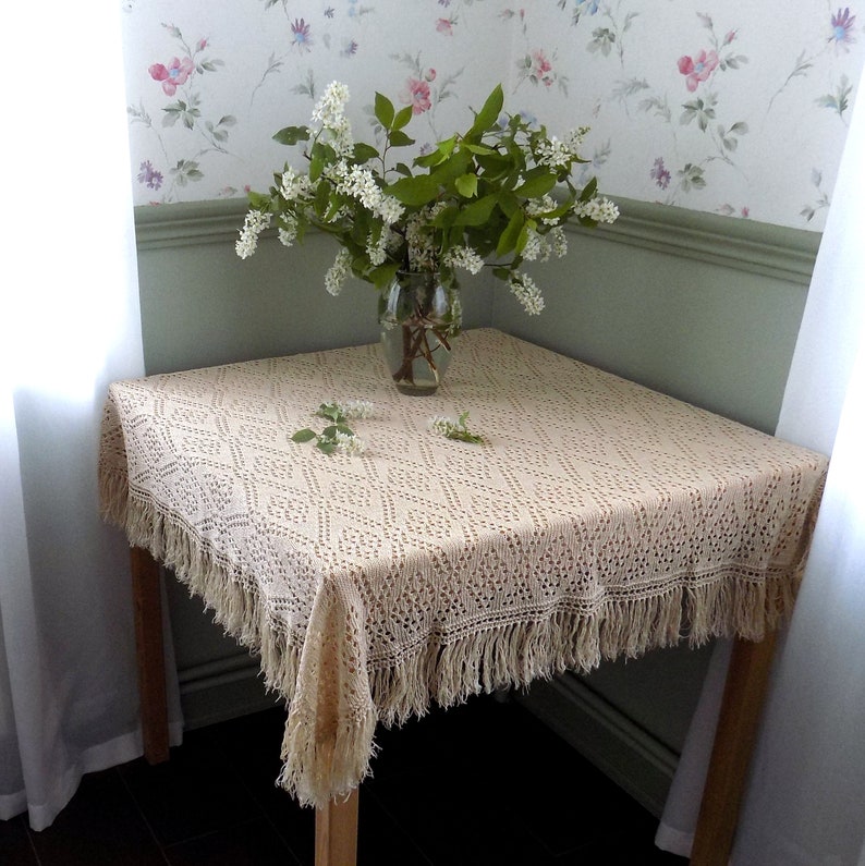 Lace knitted Tablecloth with Fringe Square Vintage Etsy