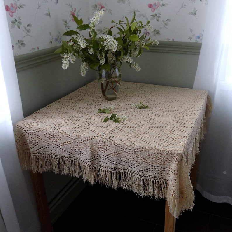Lace knitted Tablecloth with Fringe Square Vintage Etsy