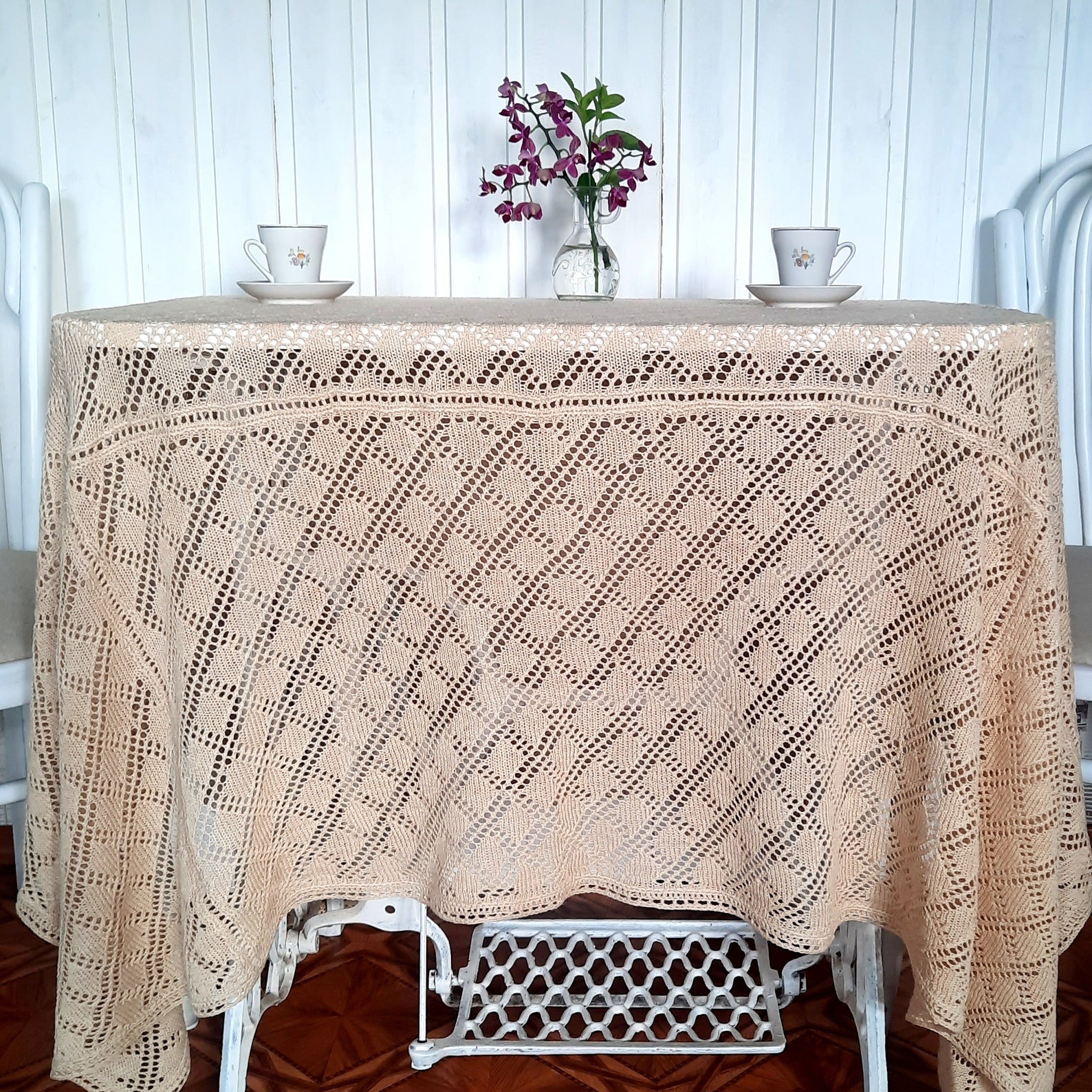 Square Knitted Tablecloth. Large Square Tablecloth. Beige Etsy