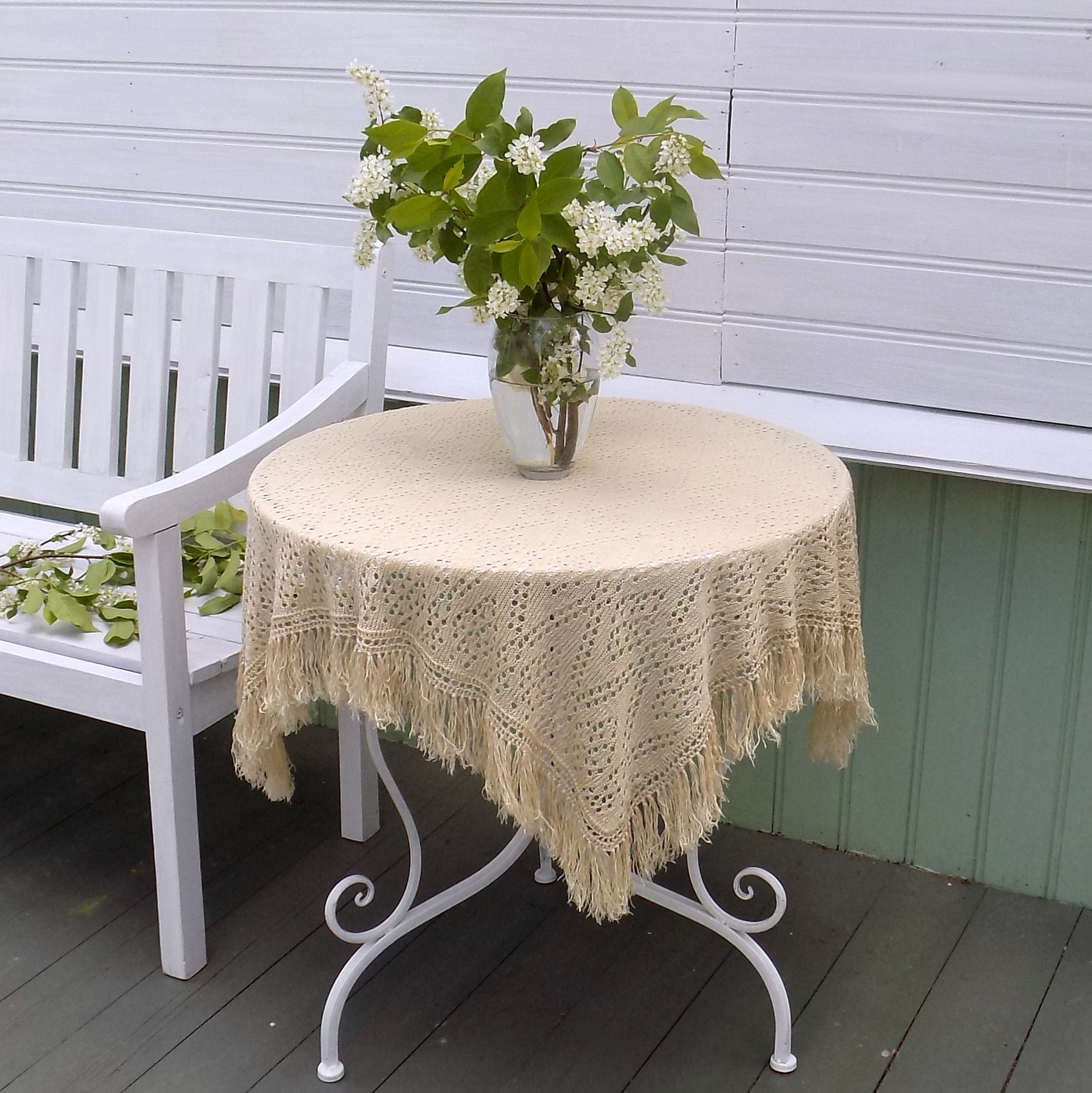 Lace knitted Tablecloth with Fringe Square Vintage Etsy