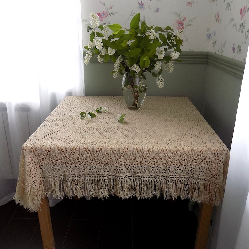 Lace knitted Tablecloth with Fringe Square Vintage Etsy