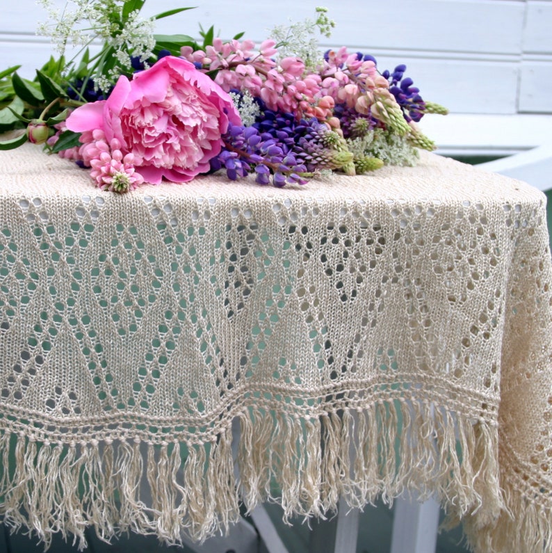 Lace knitted Tablecloth with Fringe Square Vintage Etsy