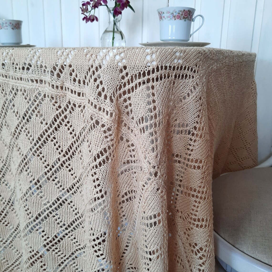 Square Knitted Tablecloth. Large Square Tablecloth. Beige Etsy