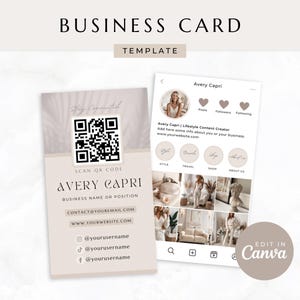 Modèle de carte de visite Instagram, carte de visite à code QR, carte de visite IG modifiable, cartes de visite esthétiques beiges neutres pour toile, Avery