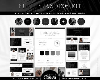 May include: A digital branding kit featuring over 50 templates with black and white palm leaf imagery. The layout includes circular icons, business cards, social media graphics, and a central brand board displaying logos, color palettes, and typography.