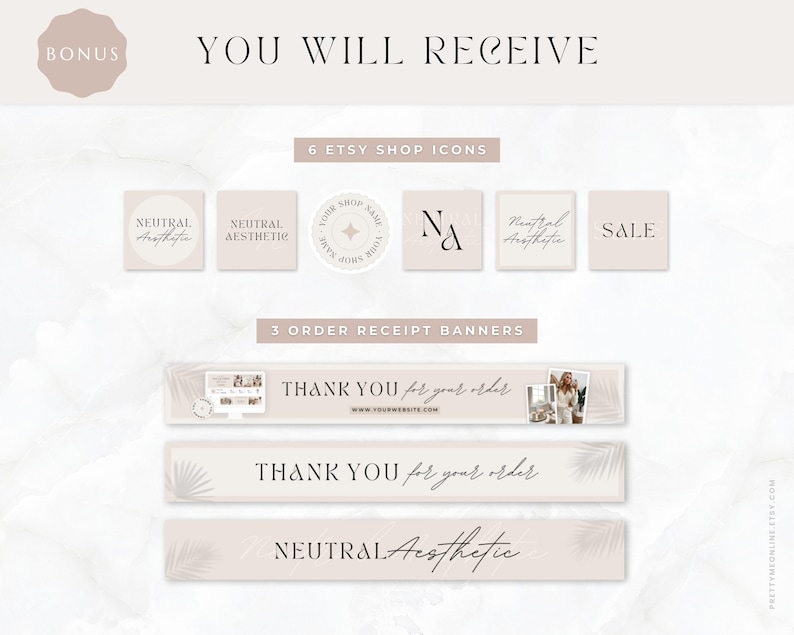 Etsy shop kit in a modern neutral boho aesthetic design. Included are Etsy banner, icon and listing templates, all fully editable in Canva. Use this Etsy branding kit to give your shop a more cohesive, stylish and professional look, all while saving tons of time to focus on growing your business.