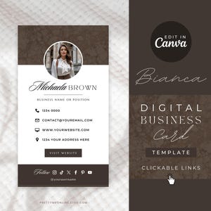 Plantilla de tarjeta de presentación digital de lujo con enlaces interactivos, tarjeta de presentación digital Canva, tarjeta de presentación virtual para pequeñas empresas, color marrón - Bianca