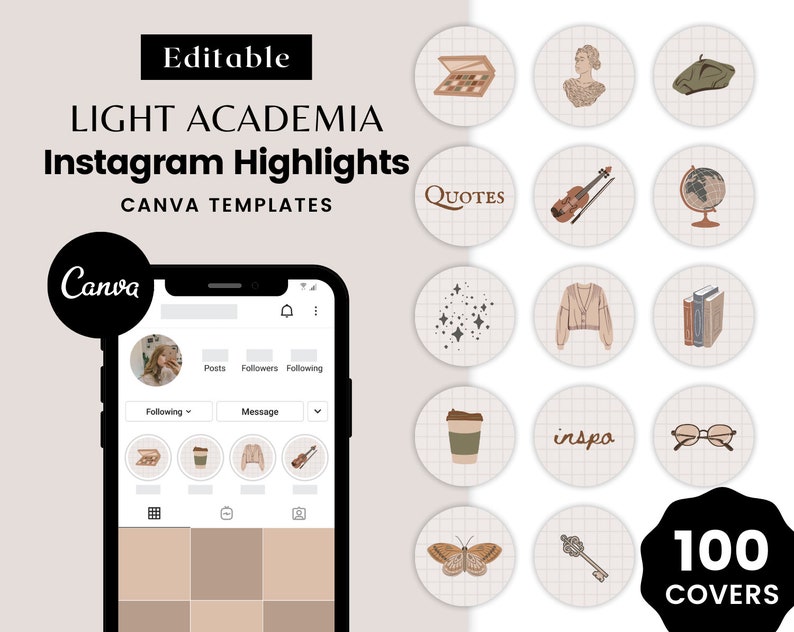 100 Instagram Highlight Covers Editable Canva Templates Neutral Beige Light Academia Icons & Words for IG Story Highlights Juliet image 1