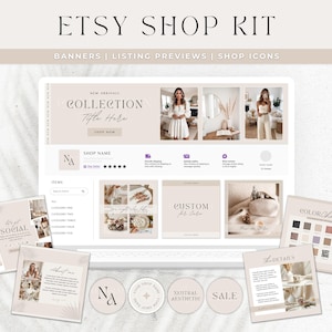 Etsy Shop Kit Template, Etsy Banner & Listing Canva Templates - Neutral Minimalist Etsy Branding Kit