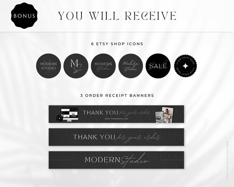 Etsy shop branding kit in a modern minimalist design. Included is everything you need to brand beautifully your shop, such as Etsy banner, icon and listing templates, all fully editable in Canva. Use this Etsy shop kit to up-level your branding, all while saving tons of time to focus on other aspects of your business!