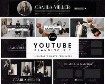 Modern YouTube Branding Kit | Editable Channel Banner, Intro, Outro & Video Thumbnails | Minimal Black Aesthetic Canva Templates - Zara