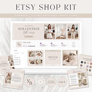 Etsy Shop Kit Template, Etsy Banner & Listing Neutral Boho Branding Canva Templates, Avery