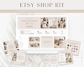 Etsy Shop Kit Template, Etsy Banner & Listing Neutral Boho Branding Canva Templates, Avery