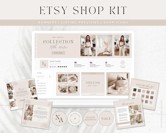 Etsy Shop Kit Template, Etsy Banner & Listing Neutral Boho Branding Canva Templates, Avery