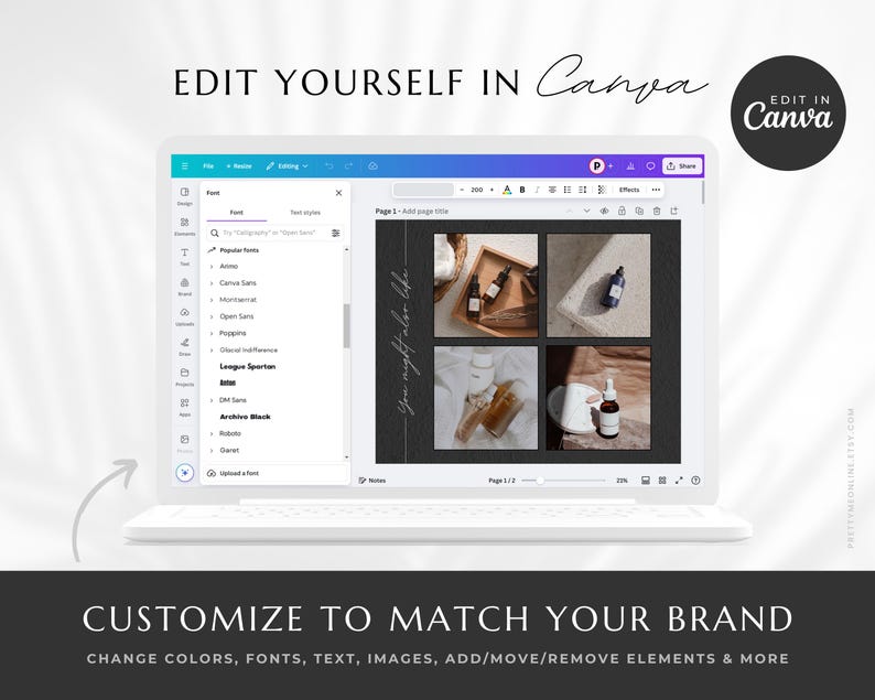 Etsy shop branding kit in a modern minimalist design. Included is everything you need to brand beautifully your shop, such as Etsy banner, icon and listing templates, all fully editable in Canva. Use this Etsy shop kit to up-level your branding, all while saving tons of time to focus on other aspects of your business!