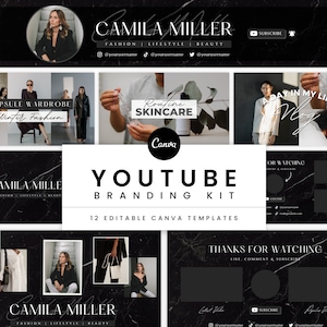 Modernes YouTube Branding Kit | Channel Banner, Intro, Outro & Video Miniaturansicht | Minimalistisches YouTube Brand Kit | Schwarze Leinwand Vorlagen - Zara