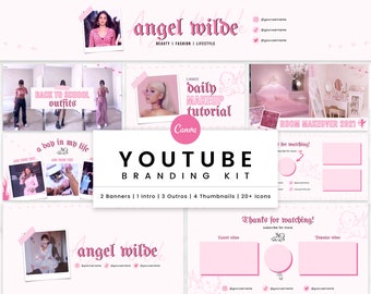 Kit de marca rosa de YouTube / Banner de canal, introducción, salida, plantillas de miniaturas de vídeo / Plantilla Canva editable / Y2K 2000s Angel Aesthetic