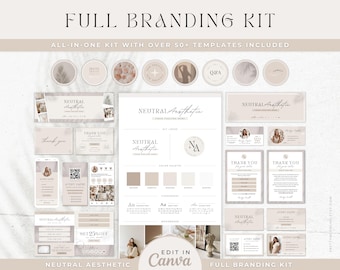 May include: A full branding kit featuring over 50 templates in a neutral colour palette. The collection includes circular icons, business cards, thank you cards, social media banners, and typography guides, all with the text Neutral Aesthetic.