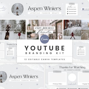 Cozy YouTube Branding Kit | Editable Channel Banner, Intro, Outro, Video Thumbnails | Cute Pastel Winter Canva Templates Brand Kit - Aspen