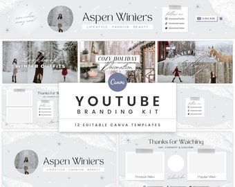 Acogedor kit de marca de YouTube / Banner de canal editable, introducción, salida, miniaturas de vídeo / Lindo kit de marca de plantillas de Canva de invierno pastel - Aspen