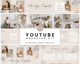 Kit de marca neutral de YouTube / Banner de canal editable, introducción, cierre y miniatura de vídeo / Plantillas Canva estéticas minimalistas modernas - Avery
