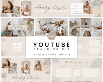 Neutral YouTube Branding Kit | Editable Channel Banner, Intro, Outro & Video Thumbnail | Modern Minimalist Aesthetic Canva Templates - Avery