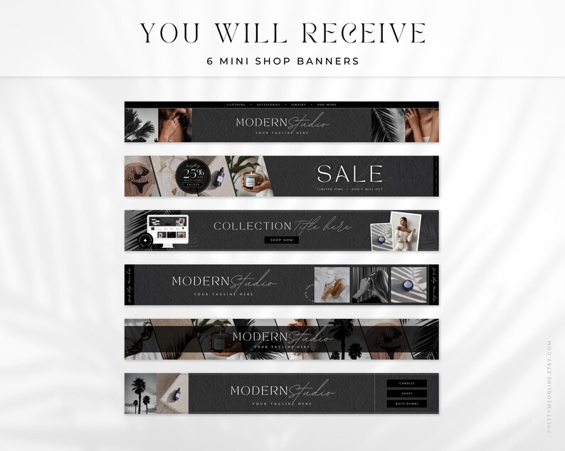 Etsy shop branding kit in a modern minimalist design. Included is everything you need to brand beautifully your shop, such as Etsy banner, icon and listing templates, all fully editable in Canva. Use this Etsy shop kit to up-level your branding, all while saving tons of time to focus on other aspects of your business!