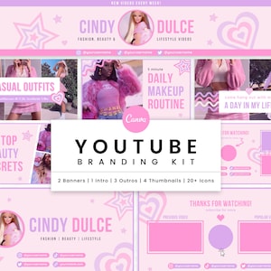 YouTube Branding Kit | Editable Canva Template | Channel Banner, Intro, Outro, Video Thumbnail Templates | Girly Y2K Pink Purple Aesthetic