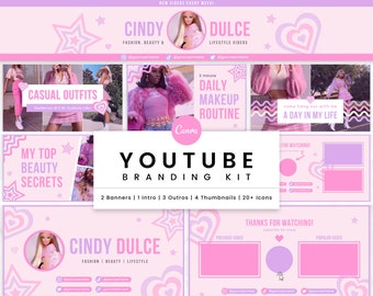YouTube Branding Kit | Editable Canva Template | Channel Banner, Intro, Outro, Video Thumbnail Templates | Girly Y2K Pink Purple Aesthetic