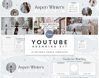 Cozy YouTube Branding Kit | Editable Channel Banner, Intro, Outro, Video Thumbnails | Cute Pastel Winter Canva Templates Brand Kit - Aspen
