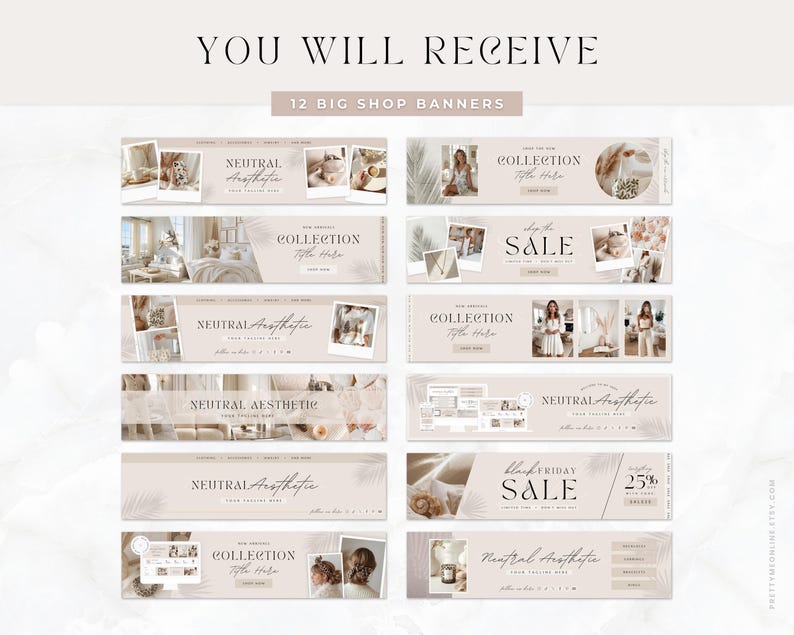 Etsy shop kit in a modern neutral boho aesthetic design. Included are Etsy banner, icon and listing templates, all fully editable in Canva. Use this Etsy branding kit to give your shop a more cohesive, stylish and professional look, all while saving tons of time to focus on growing your business.