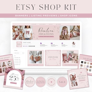 Coquette Etsy Shop Branding Kit Pink Blush Etsy Banner & Listing Canva Template, Bella