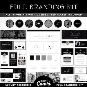 May include: A full branding kit featuring over 50 templates with a black and white color scheme. The collection includes circular icons, business cards, social media graphics, and logo designs with the text Modern Luxury and Edit in Canva.