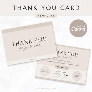 Bedankkaart neutraal beige esthetiek, bewerkbaar bedrijf bedankkaart voor je bestelling, afdrukbare canvassjabloon voor kleine visitekaartjes, Avery
