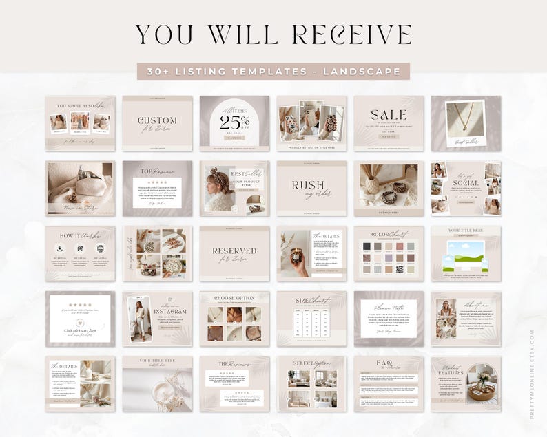 Etsy shop kit in a modern neutral boho aesthetic design. Included are Etsy banner, icon and listing templates, all fully editable in Canva. Use this Etsy branding kit to give your shop a more cohesive, stylish and professional look, all while saving tons of time to focus on growing your business.